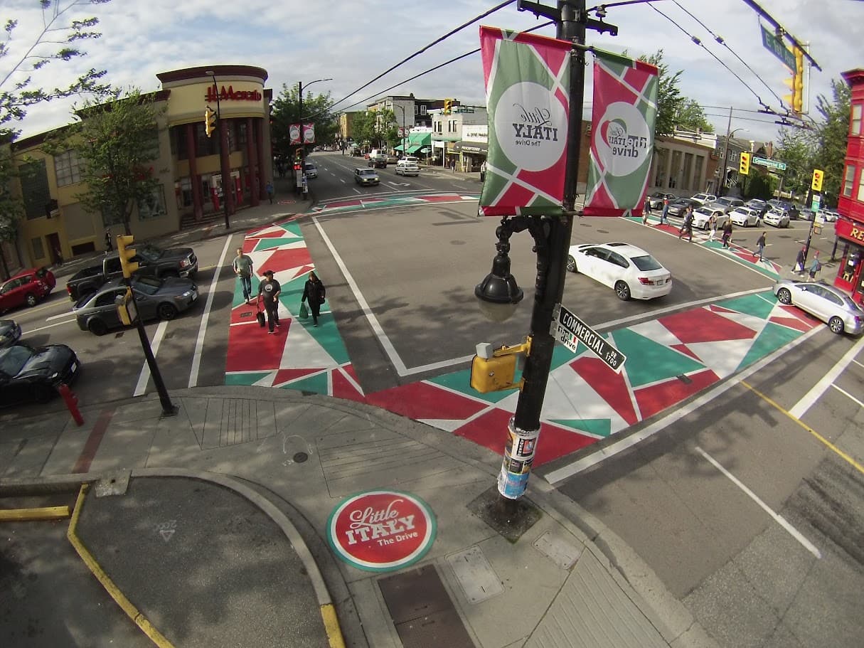 Little Italy crosswalks — Commercial Drive — TrafficPatternsXD and DecoMark installed by Square One in Vancouver, BC