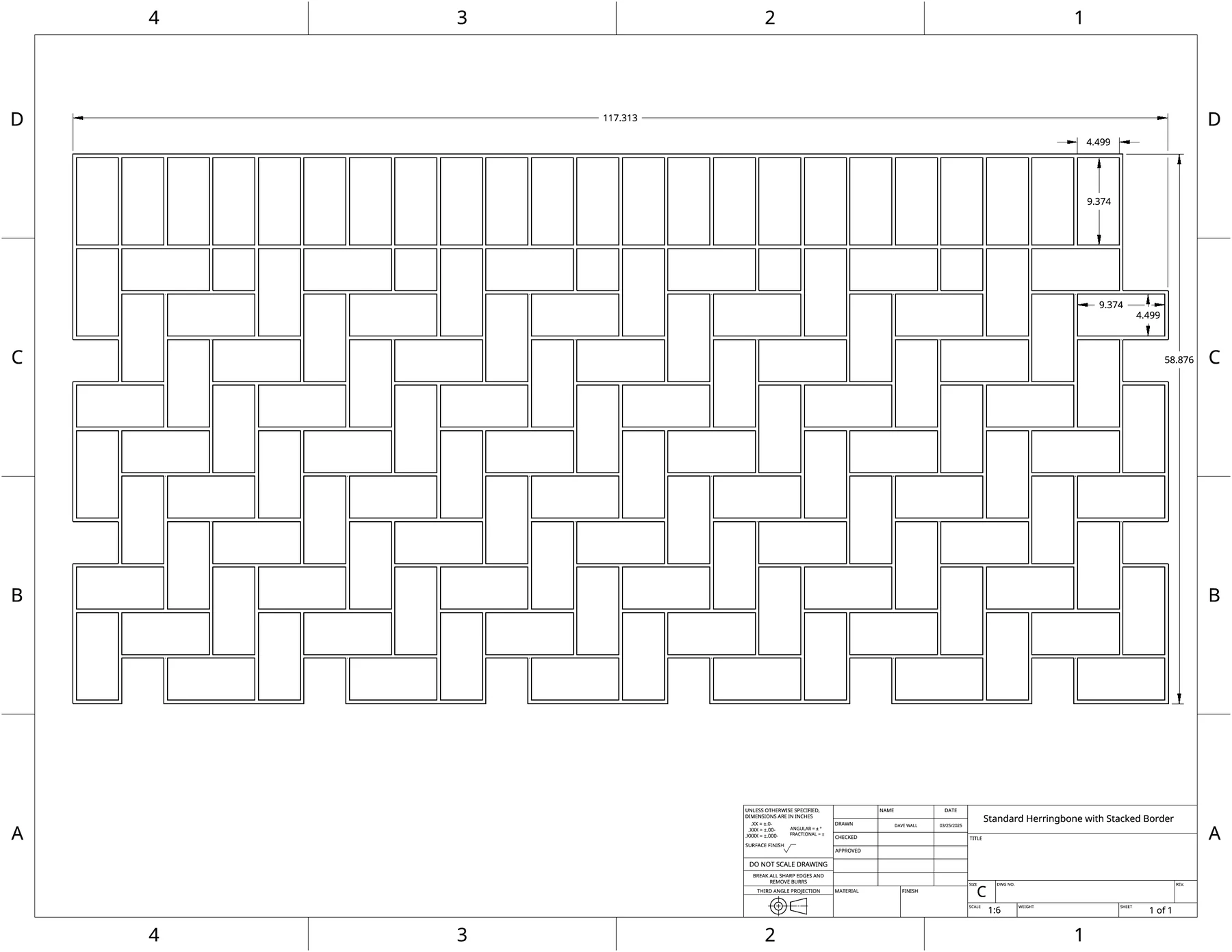 Herringbone + Stacked Border, StreetPrint template drawing, dimensioned in inches