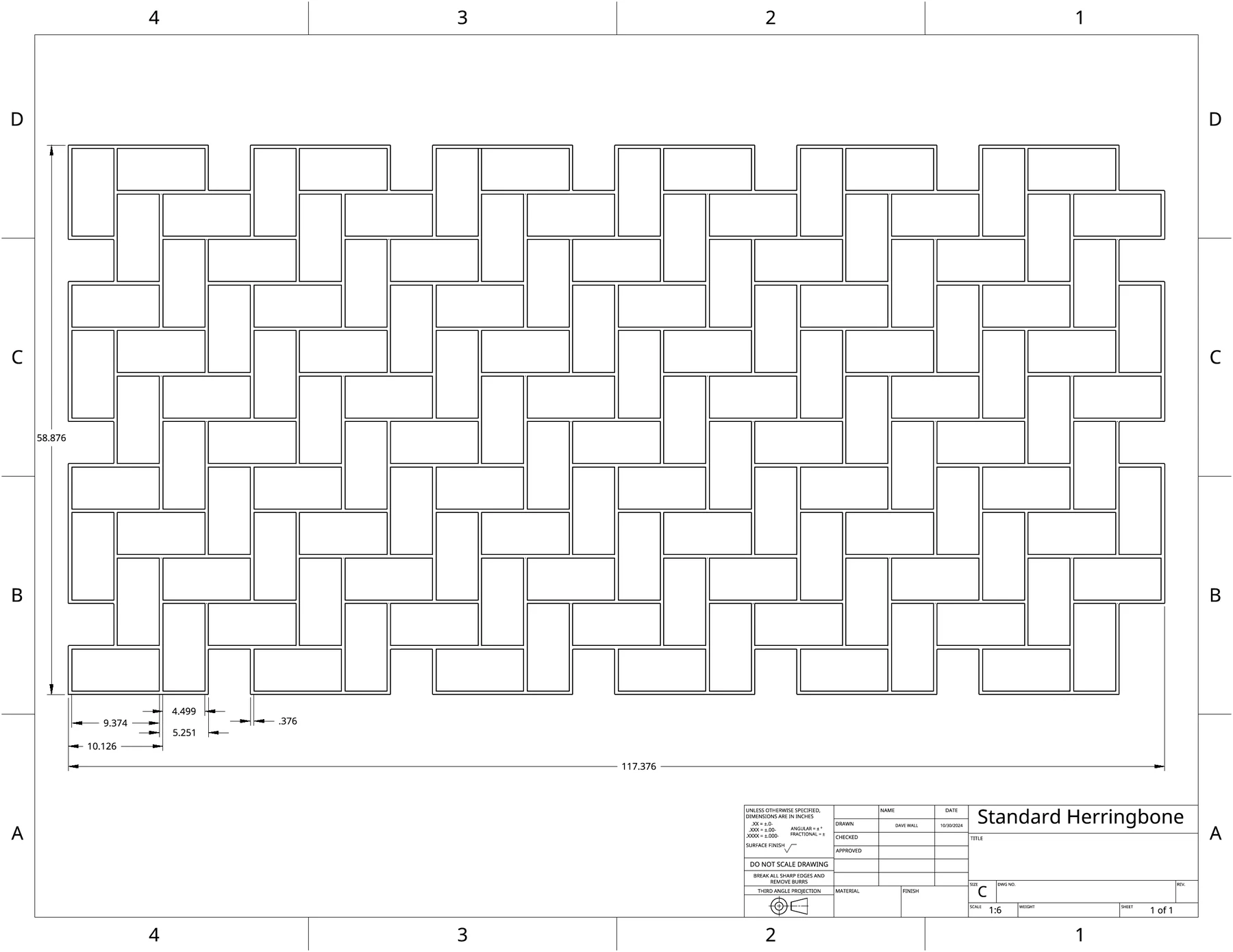 Standard Herringbone, StreetPrint template drawing, dimensioned in inches