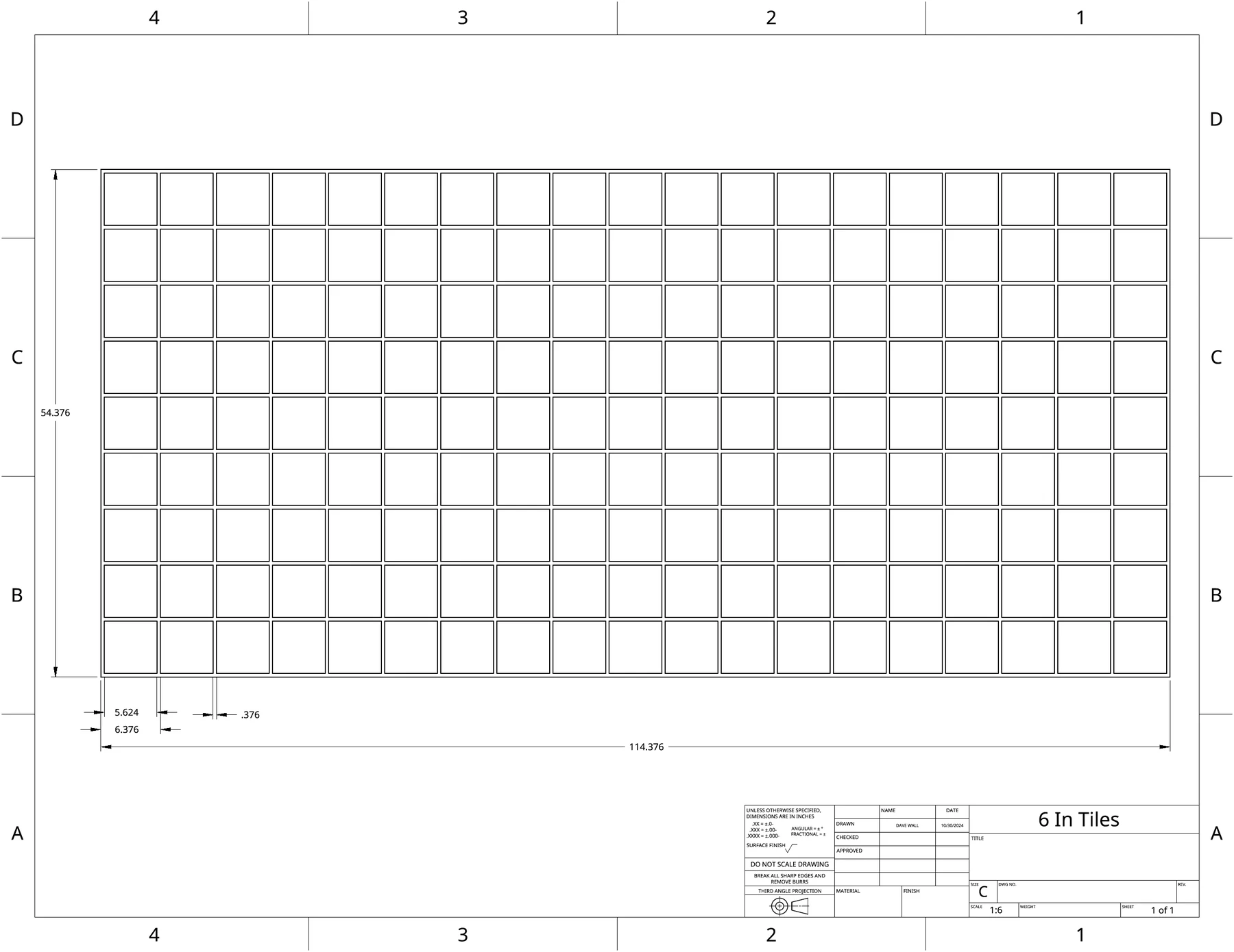 6″ Tiles, StreetPrint template drawing, dimensioned in inches