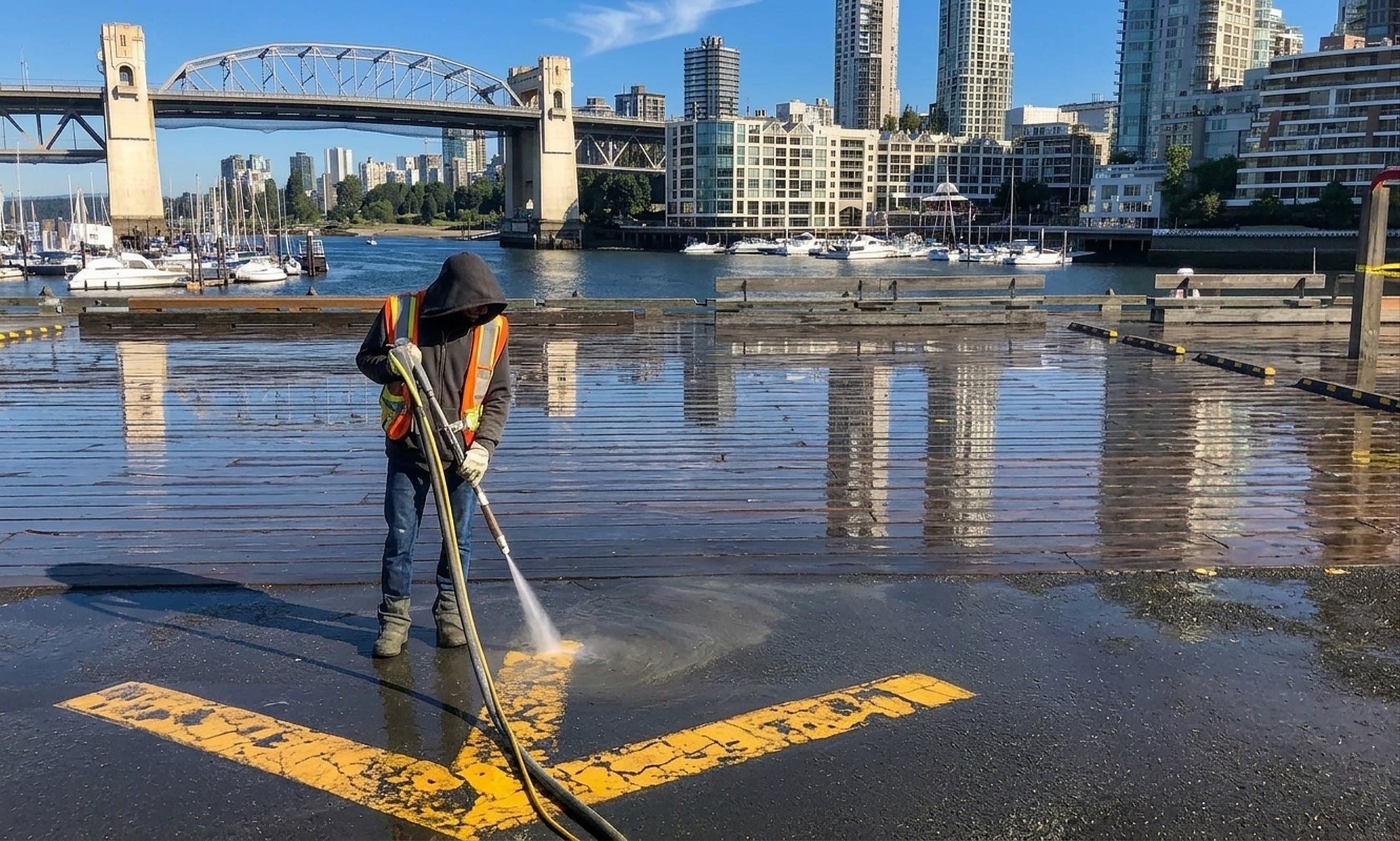 A Square One operator vapour blasting a painted marking off the boardwalk at Granville Island, Vancouver, the Burrard Street Bridge behind under a clear sky