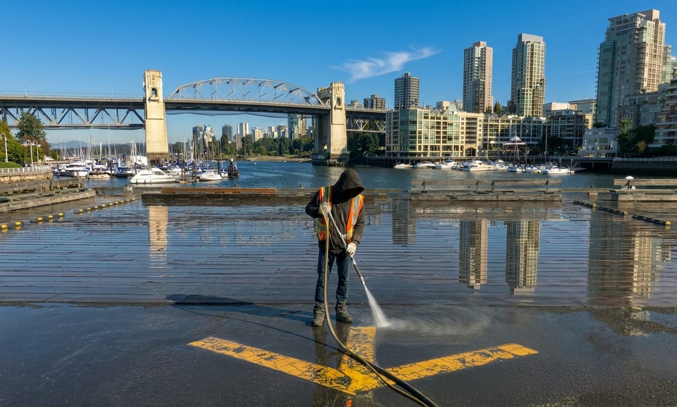 A Square One operator vapour blasting a painted marking off the boardwalk at Granville Island, Vancouver, the Burrard Street Bridge behind under a clear sky