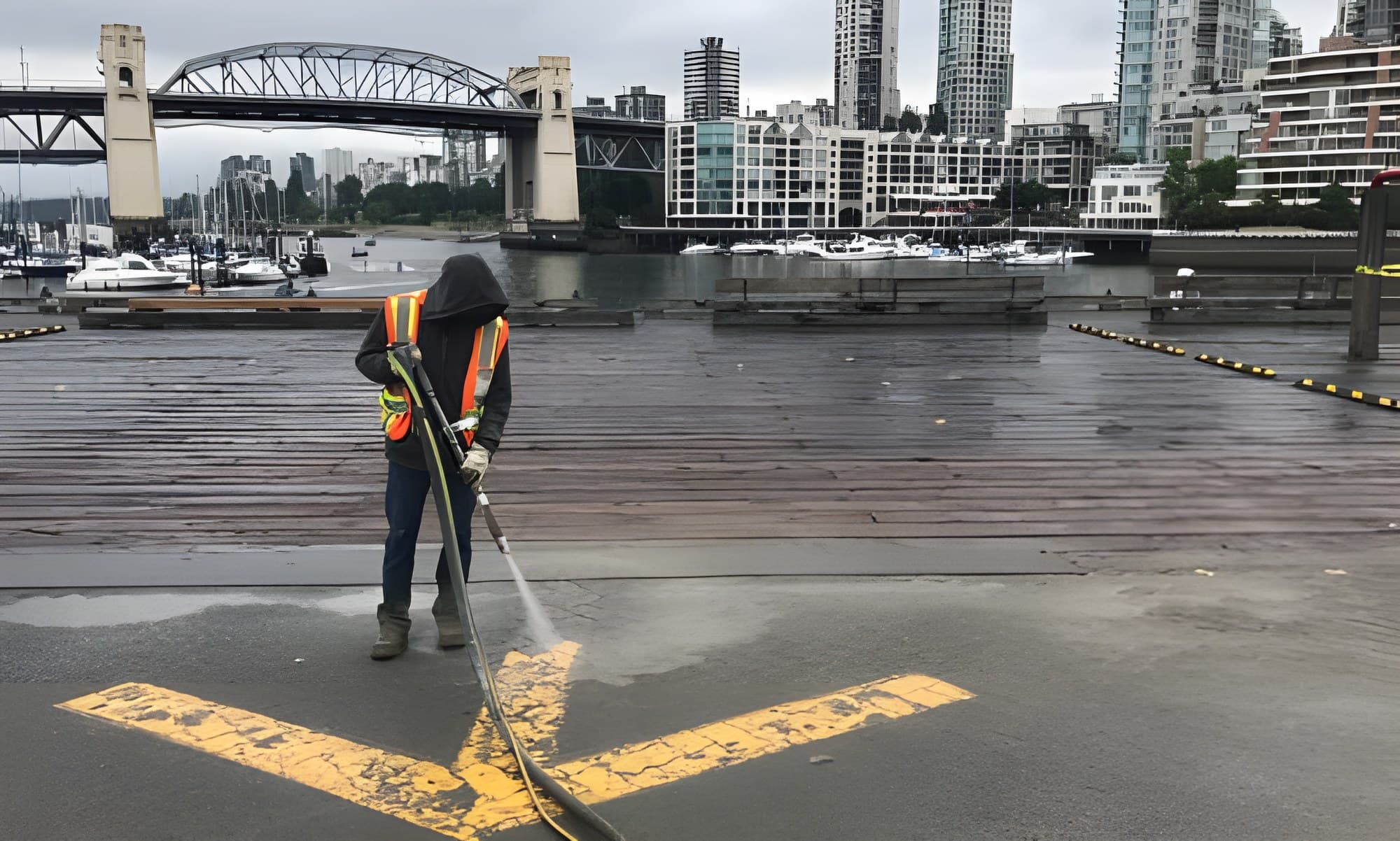 Square One crew vapour blasting at Granville Island