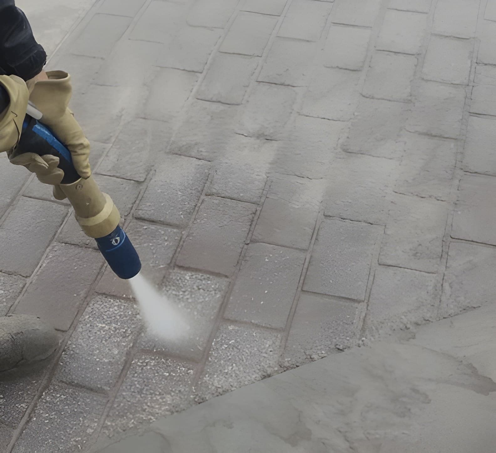 The vapour blasting nozzle mid-pass over pavers, the wet fan of abrasive and the clean line behind it