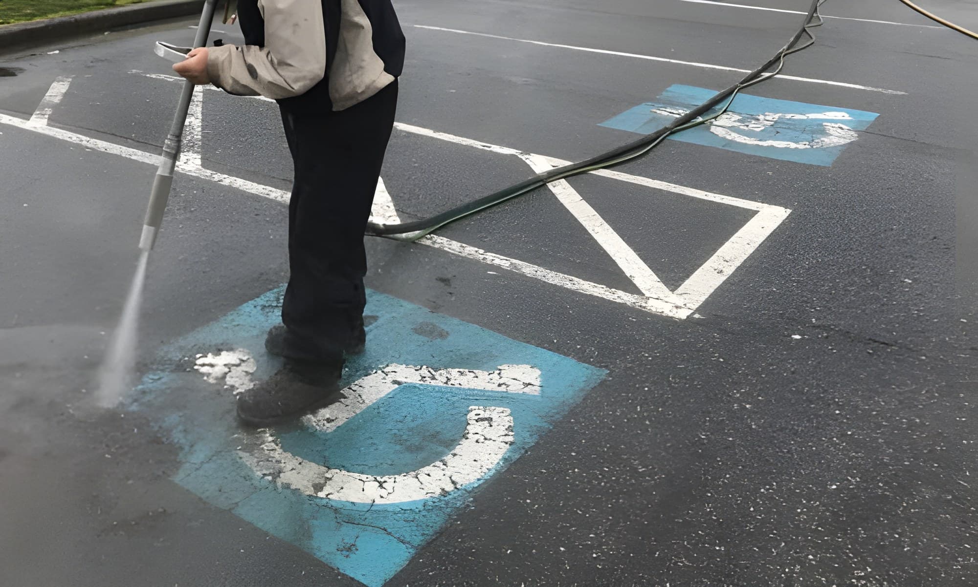 Square One removing painted parking symbols from an asphalt lot with the vapour blasting rig