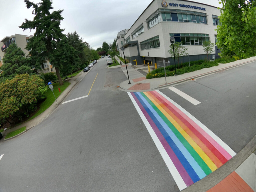 rainbow crosswalk drone image